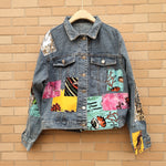 Bohemian denim jacket cartoon print jacket