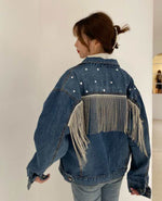 Women's denim jacket with diamond tassels