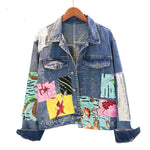 Bohemian denim jacket cartoon print jacket