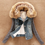 Hot Sale Autumn New cowboy jacket Large fur collar hooded wool sleeve denim jacket Plus size S-5XL ladies fashion jacket