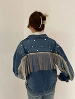 Women's denim jacket with diamond tassels