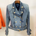 New Locomotive Denim Jacket With Double Row Metal Buckle Washed Denim Jacket