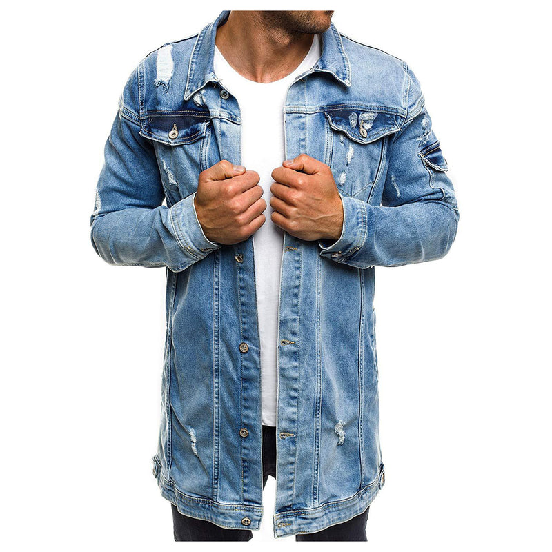 Fashion Men's Mid-length Ripped Denim Jacket