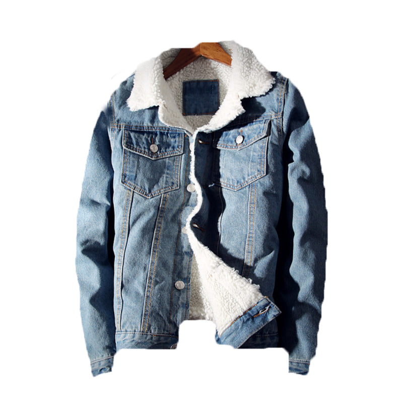 Denim Bomber Jacket with Fur Men Black High Quality Fashion Jeans Jacket Fleece Winter Jeansjacke Herren Men Blue Oversized